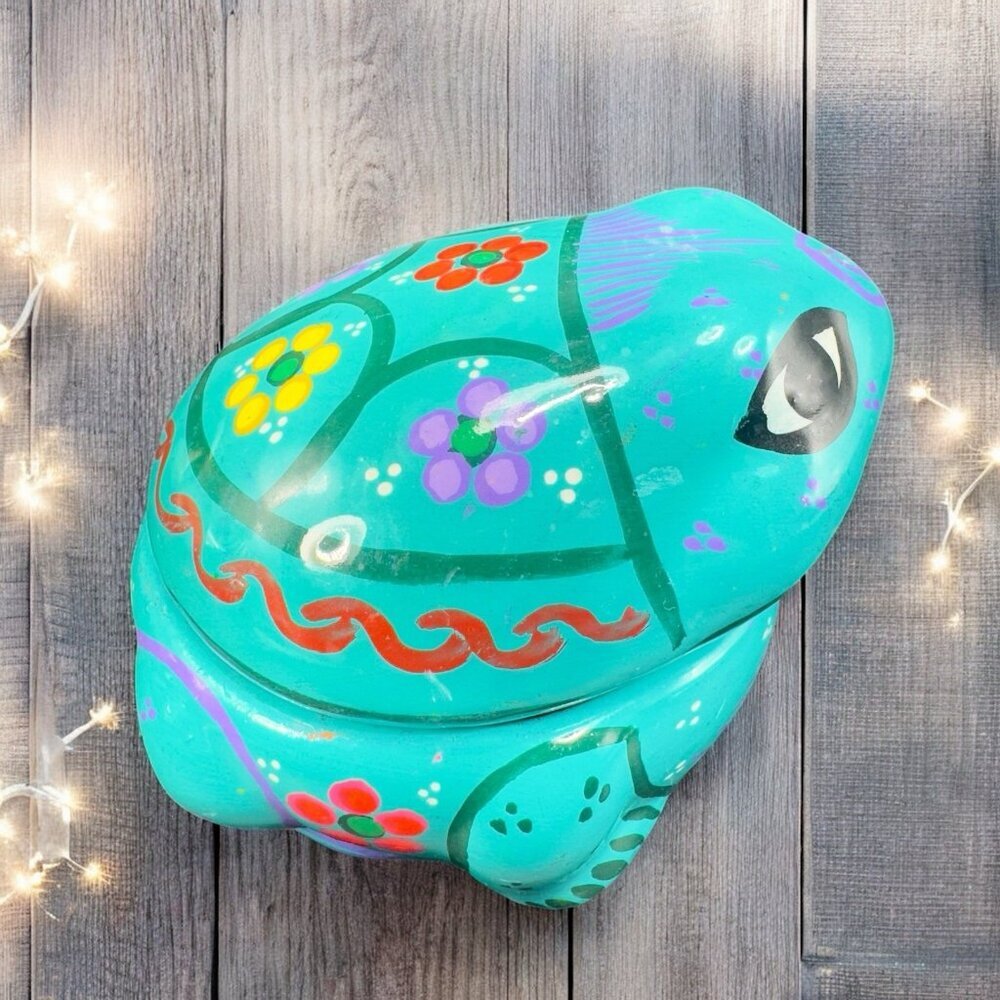 Mexican RedWare Pottery Painted Frog Trinket Holder Jewelry Holder Turquoise VTG